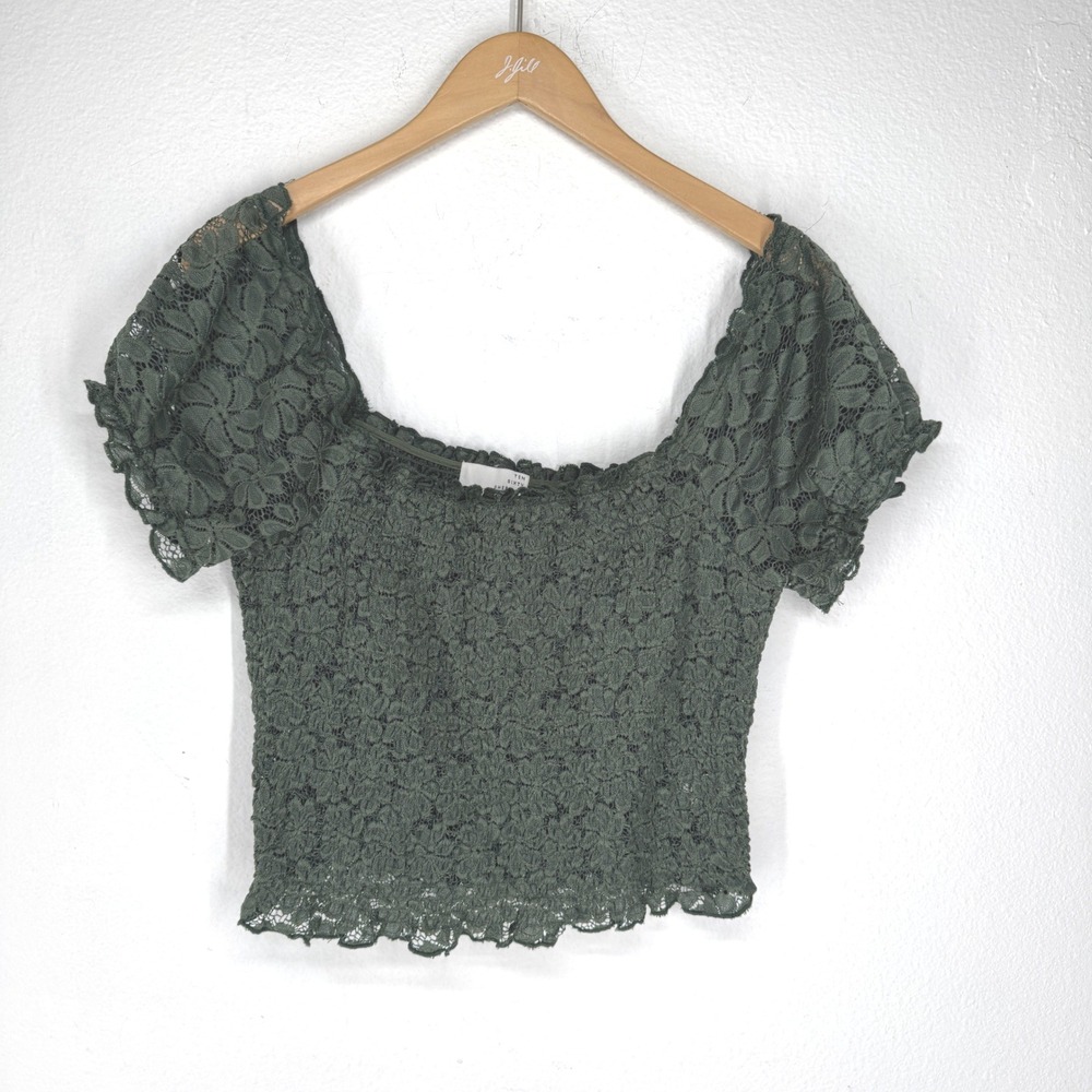Womens Green Smocked Sheer Lace Crop Top Short Puff Sleeve Size XL Ren Faire